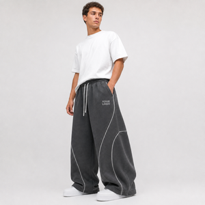 Pantalon de survêtement large gris en molleton de coton pour homme avec cordon de serrage et taille élastique, décontracté, avec logo sur les jambes – Vente en gros - Product Image 1