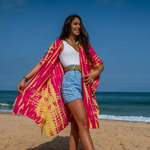 Handmade Tie-Dye Eco-Friendly Women's Long Kimono Boho Floral Cover-<b>Up</b> Half Sleeves Casual <b>Open</b>-Front Clothing Natural Waistline - Product Image 1