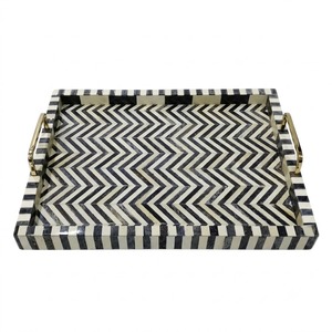 Plateau de service géométrique hexagonal en os incrusté, rayé noir et blanc, fait main, avec poignées, pour table basse, vente en gros, décoratif - Product Image 6