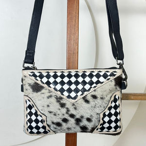 Hot Selling Western Style Genuine Hair-On Cowhide Leather Crossbody Handbag for Women Checkered Tooled Pattern Shoulder Bags - Product Image 4