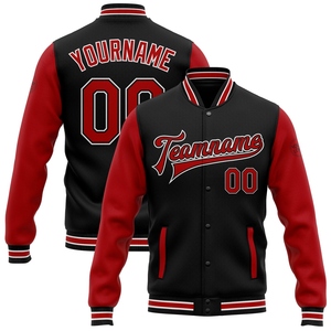 Veste bomber personnalisée en gros, noir, rouge et blanc, entièrement boutonnée, style universitaire, bicolore - Product Image 1