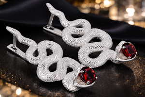 925 Silver Snake <b>Fine</b> <b>Stud</b> <b>Earrings</b> Textured Animal Ear Jewelry Garnet Stone Accent Gift - Product Image 5