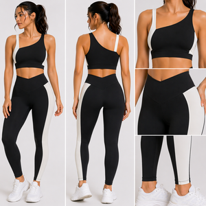 Ensemble de leggings et soutien-gorge de sport noir et blanc pour femmes, taille haute, longueur intégrale, vêtements de yoga et de gym, marque privée OEM ODM - Product Image 2