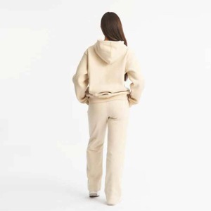 Ensemble de survêtement crème à capuche pour femme, manches longues, coupe ample, couleur unie, décontracté, pour l'automne, avec poches latérales et taille élastique - Product Image 2