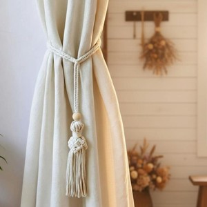 Bohemian Macrame Curtain <b>Tieback</b> – Natural Cotton Rope & Wood Bead – White Window Treatment – Nordic Living Room Decor - Product Image 2