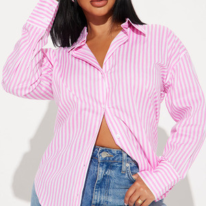 Camisa de Mujer a Rayas Rosas, Talla Grande, Personalizada al por Mayor, con Botones, Manga Larga, Cuello Camisero, Blusa Casual, Top de Primavera - Product Image 1