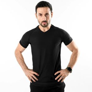 T-shirt à manches courtes pour homme, col en V, noir, coupe ajustée, décontracté, basique, léger, pour l'entraînement sportif, la course à pied, la salle de sport, les exercices - Product Image 1