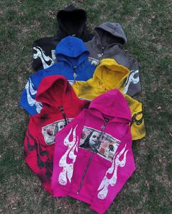 OEM personalizado ácido lavado Zip Hoodie 100% algodón 500GSM Rhinestone & DTG impresión Vintage Streetwear diseño para Otoño e Invierno - Product Image 2