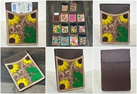 Cartera de cuero de vaca con diseño de girasol a la moda, tarjetero de estilo occidental, cuero mecanizado a mano, RFID, monedero delgado para tarjetas de crédito para Unisex