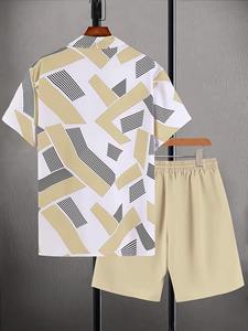 Chemise à manches courtes pour hommes, beige, kaki, blanc, motif géométrique abstrait, col à revers, boutons, short assorti, ensemble 2 pièces, décontracté, hawaïen - Product Image 2