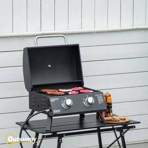 Griglia da barbecue portatile a Gas propano a 2 fuochi con gambe pieghevoli e termometro a coperchio per campeggio-nero - Product Image 2