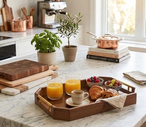 Octagonal Wooden Serving Tray With Handles Anti Spill <b>Coffee</b> <b>Table</b> Breakfast Serving Tray wooden utility tray - Product Image 2