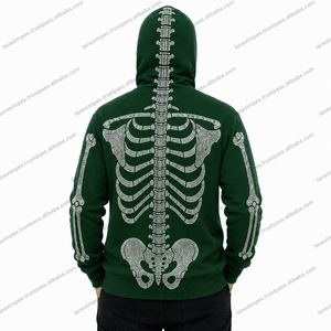 Men’s Dark Green Rhinestone Skeleton Hoodie <b>Jacket</b> with Full Zip Balaclava Mask Crystal Skull Bone Design <b>Gothic</b> Hip Hop Hoodie - Product Image 4