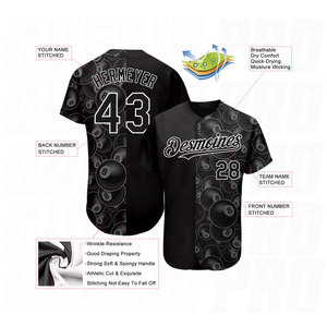 Camiseta de Béisbol Auténtica Personalizada con Diseño de Patrón 3D en Blanco y Negro para Billar y Snooker de 8 Bolas - Product Image 3