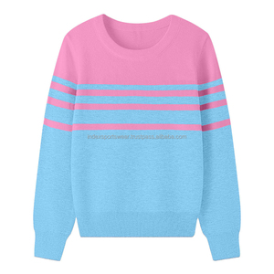 Pull en tricot à blocs de couleurs rose et vert, col rond, manches longues, décontracté, pour l'automne, pour adultes - Product Image 2
