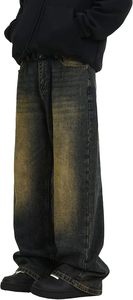 Jean en denim ciré pour homme, coupe large, taille mi-haute, couleur unie, en coton, décontracté, avec braguette boutonnée, en tissu tissé, grandes tailles - Product Image 5