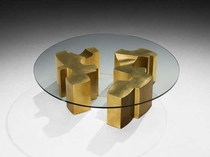 Mesa de centro de diseño moderno de lujo con tapa redonda de cristal y base de latón premium tipo rompecabezas. - Product Image 6