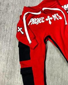 Survêtement unisexe rouge streetwear à capuche, manches longues, fermeture éclair frontale, imprimé croisé, pantalon à ourlet fendu, en coton, automne, coupe régulière pour adulte - Product Image 2