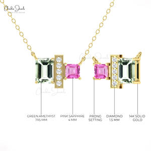 Collier artisanal en or pur 14 carats avec émeraude verte de 4 mm, améthyste et saphir rose, serti de diamants pavés - Product Image 3
