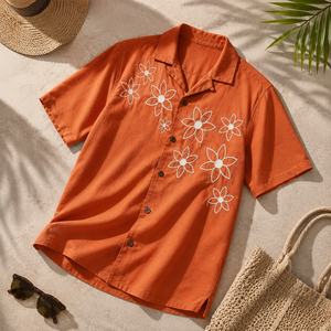 Camisa de Algodón de Lujo para Hombre, con Bordado Floral Naranja, Manga Corta, Estilo Casual para Vacaciones - Product Image 3