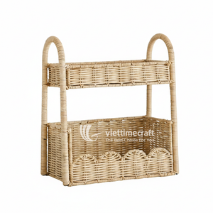 Étagère de rangement en rotin écologique à 2 niveaux avec détails festonnés, style vintage, organisateur multifonction et étagère pour chambre d'enfant - Product Image 1