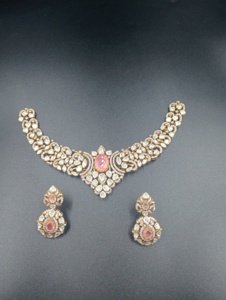 Amaira Jewels SM-1053 Gold Plated <b>Necklace</b> <b>Earring</b> <b>Set</b> with Polki Stones Classic Floral Design Women's Wedding Jewelry - Product Image 4