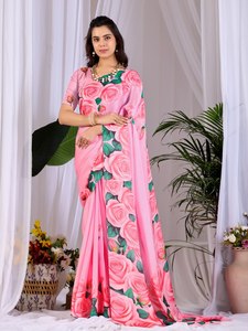 Wholesale Elegant Rose Floral Printed <b>Saree</b> Luxury Soft <b>Satin</b> Indian Traditional Wear Women Party Festive Sari Blouse Summer - Product Image 2