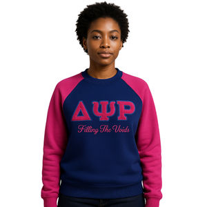 Delta Psi Rho Sorority Raglan Sleeve Crewneck Sweatshirt Navy Cotton <b>Poly</b> <b>Filling</b> the Voids Jumper Greek Life Casual Apparel - Product Image 1