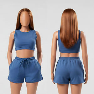 Womens Solid Blue Sleeveless Crop <b>Top</b> <b>and</b> Matching Drawstring <b>Shorts</b> Twin <b>Set</b> OEM ODM Wholesale Apparel - Product Image 1