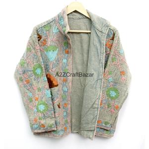 Chaqueta Gris Bordada a Mano para Mujer, Cuello Mandarín, Diseño Floral, Otoño, Largo Regular, Manga Larga, Diseño de Punto Abierto - Product Image 1
