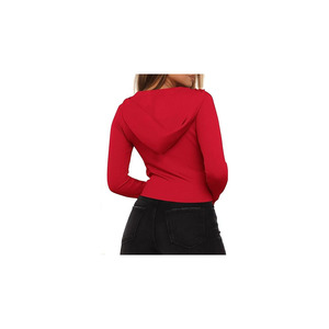 Veste courte en tricot côtelé extensible pour femme, sweat à capuche zippé, coupe ajustée, manches longues, tenue décontractée pour femme - Product Image 2
