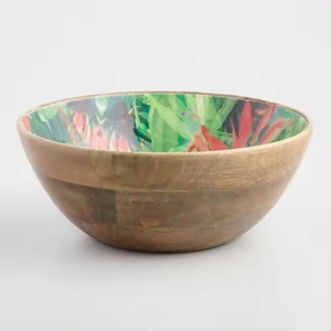 Tazón de madera para servir con estampado tropical, diseño bohemio para servir comida, regalos, cocina, comedor y uso doméstico. - Product Image 1