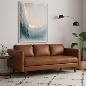 Midcentury Modern Genuine Leather Three Seat <b>Sofa</b> With Cushion Back Straight Arms Living Room Furniture Leather <b>Sofa</b> Coach - Product Image 1