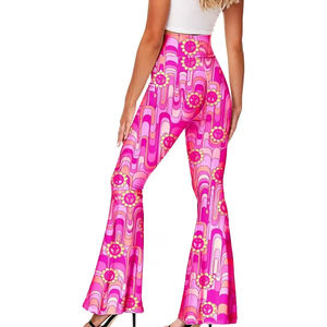 Pink Flare <b>Pants</b> High Waist Elastic Waist Printed Pattern Casual <b>Summer</b> Style Breathable Lightweight Knitted Fabric <b>Pants</b> - Product Image 3