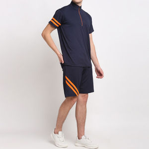 Men's Navy Blue Sporty <b>Polo</b> Shirt Set With <b>Orange</b> Stripes Breathable Knitted Summer Wear Short Sleeve Top And Shorts - Product Image 1