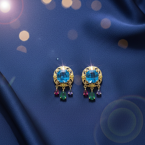 Blue Topaz Hydro <b>Cushion</b> Cut Earrings CZ 925 Sterling Silver 18K Gold Plated Designer <b>Statement</b> Earrings Party Wear - Product Image 5