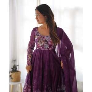 PURE DOUX ENSEMBLE COSTUME ORGANZA ANARKALI ENTIÈREMENT COUDU DKB -261 VIN - Product Image 2