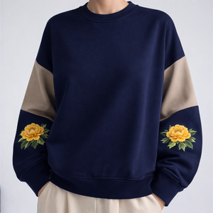 เสื้อสเวตเชิ้ตผู้หญิงลำลองแบบคัลเลอร์บล็อก ปักลายดอกโบตั๋น ทรงโอเวอร์ไซส์ คอกลม แบบสวมหัว-OEM/ODM เวียดนาม ฤดูใบไม้ผลิ/ฤดูหนาว - Product Image 4
