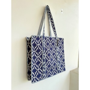 Canvas <b>Tote</b> <b>Bag</b> <b>Navy</b> Blue White Solid Bohemian Style Embroidery Zipper Closure Open Top Cotton Lining for Daily Travel Shopping - Product Image 3