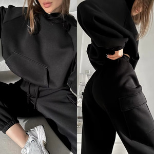 Women's Blue Hooded Tracksuit Full Sleeve Solid Design Casual Loose Fit <b>Sweatshirt</b> And Pants Set With Side Pockets - Product Image 5