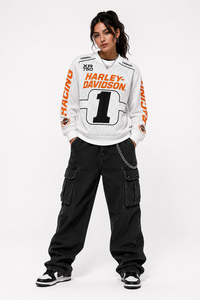 Sudadera con Capucha Oversize Unisex H-D Blanca de Malla Sublimada, Número 1, Transpirable, de Poliéster, Casual de Verano, con Logo Frontal - Product Image 1