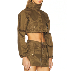Pento Industry Unisex Olive Green Cropped Jacket Matching Mini <b>Skirt</b> Set Streetwear Style Full Sleeve Hooded Elastic Waist 100% - Product Image 2