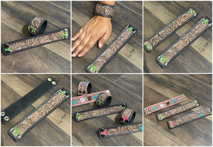 Wholesale <b>Women</b> Fashionable Jewelry Custom Design Hand Tooled Leather Cuff <b>Bracelets</b> Open Cuff Genuine Cowhide Leather Wristband - Product Image 3