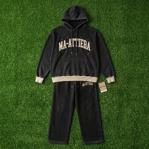 Ensemble survêtement streetwear noir délavé personnalisé avec sweat à capuche oversize et pantalon de jogging large, orné de strass, vente en gros OEM - Product Image 6