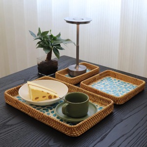 Plateau de service rectangulaire en rotin et nacre, motif trèfle à quatre feuilles vert incrusté, organisateur décoratif pour la maison - Product Image 4
