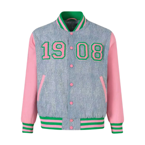 AKA 1908 Denim Bomber Jacket for Women Light Blue Pink Green Varsity Style Snap Button Jacket Premium Casual Outerwear - Product Image 1