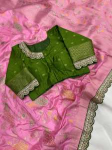 Sari de Seda Pura Dola con Tejido Meenakari y Zari en el Cuerpo y el Pallu, Bordado y con Encaje en el Borde con Trabajo de Secuencia Codificada - Product Image 4