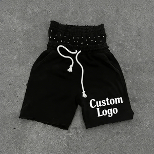 กางเกงขาสั้นผ้าแคนวาสทรงวินเทจยี่ห้อ Glory Custom ล้างสีแบบแอซิด เอวกลาง ทรงเข้ารูป ระบายอากาศได้ดี เหมาะสำหรับฤดูร้อน ตกแต่งด้วยคริสตัลและดีเทลขาดๆ แบบ Distressed สำหรับผู้ชาย - Product Image 1
