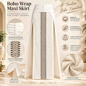 Designer Boho Maxi <b>Skirt</b> | Women's Ruched Waist Ethnic Embroidery Side Slit A Line Long Cotton <b>Skirt</b> Vacation Resort Casual Wear - Product Image 2