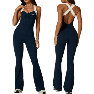 Pantalon de yoga évasé sans couture pour femme, coupe large, longueur intégrale, anti-transpiration, blocs de couleur, dos croisé, col en V, bordure contrastante - Product Image 2